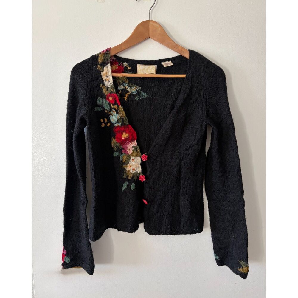 GUINEVERE Anthropologie Vtg Floral Wool Blend Embroidered Cardigan Womens Small